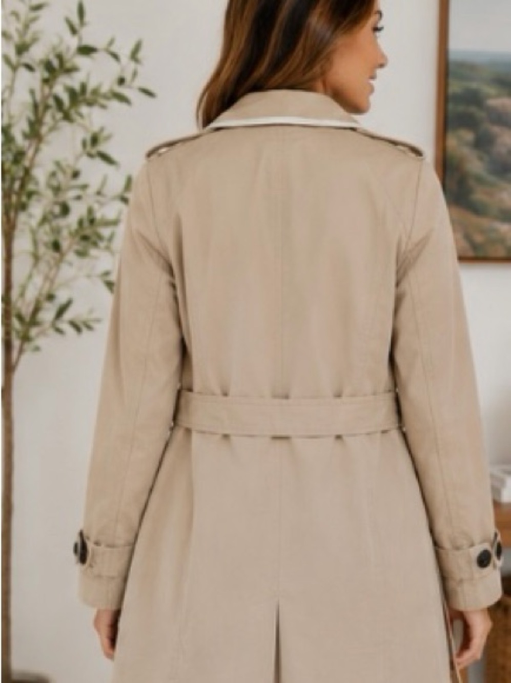 GAP Double Breasted Trench Coat Beige Khaki Belted Minimalist Jacket Small - Picture 3 of 6